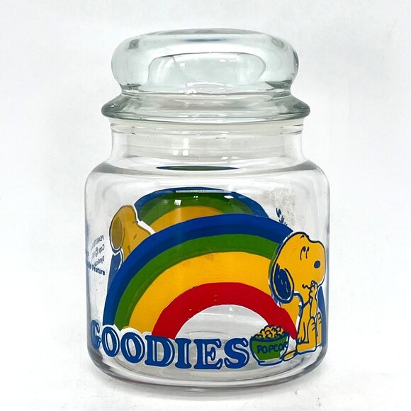 Vintage Peanuts Snoopy & Woodstock Glass Goodies Cookie Candy Jar & Rainbow 5" - Picture 2 of 13